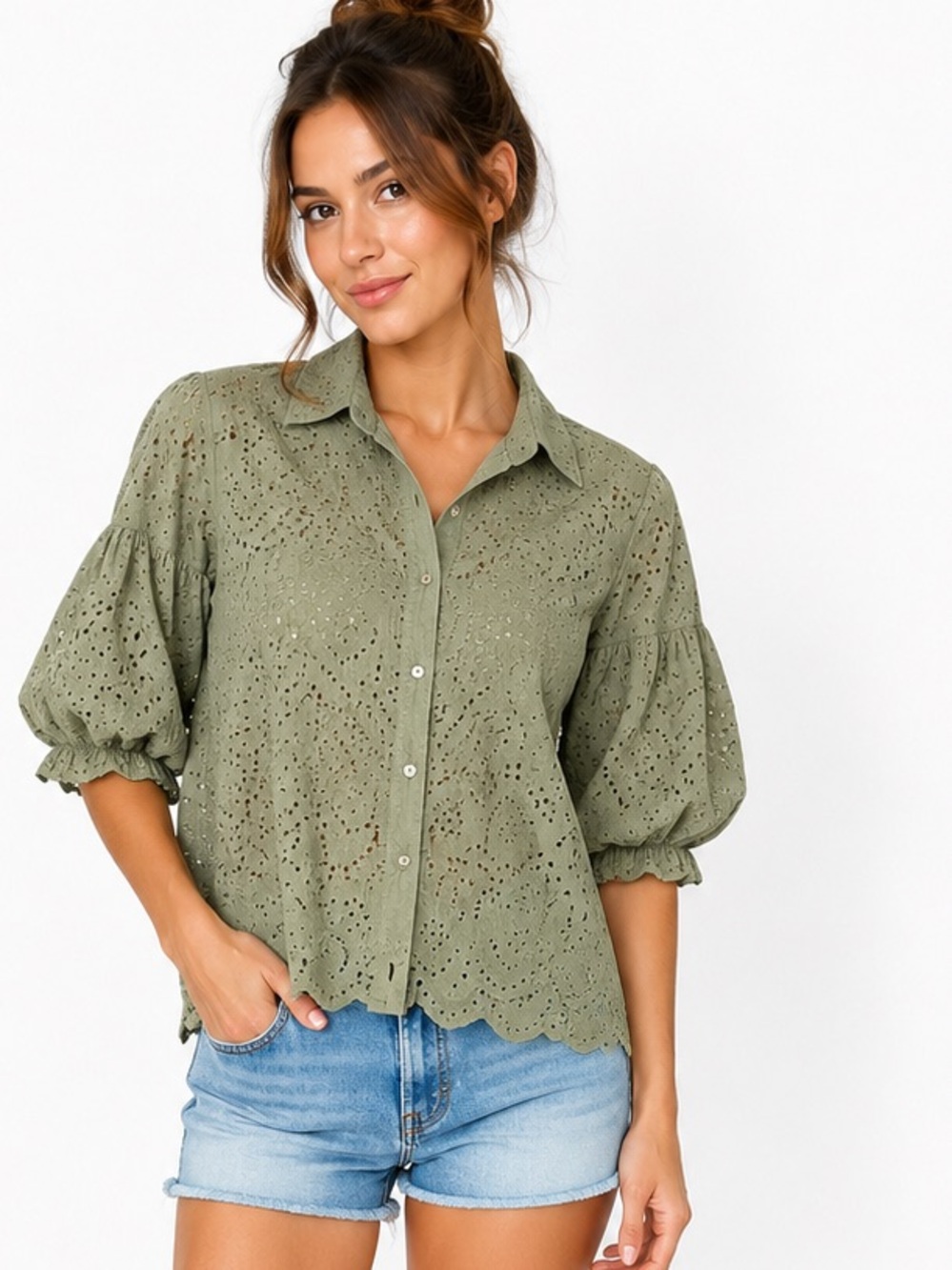 98S.From 🇮🇹 Italy Eyelet Button-Front Puff Sleeve Shirt  cotton New